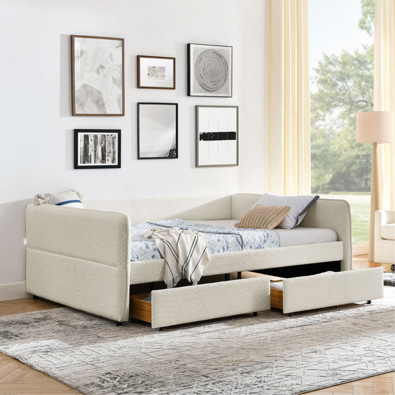 Daybed With Trundle Upholstered Tufted Sofa Bed, With Two Drawers, Queen Size, Boucle Fabric(88"X65.5"X29.5"), Beige