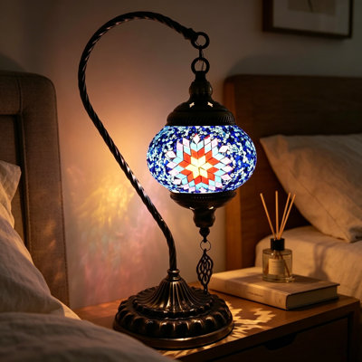 Portable Rechargeable Turkish Swan Neck Table Lamp with 3600mAh Battery, Handmade Moroccan Tiffany Mosaic Glass Night Stand Light, Bronze Base Living Room Bedroom Decor
