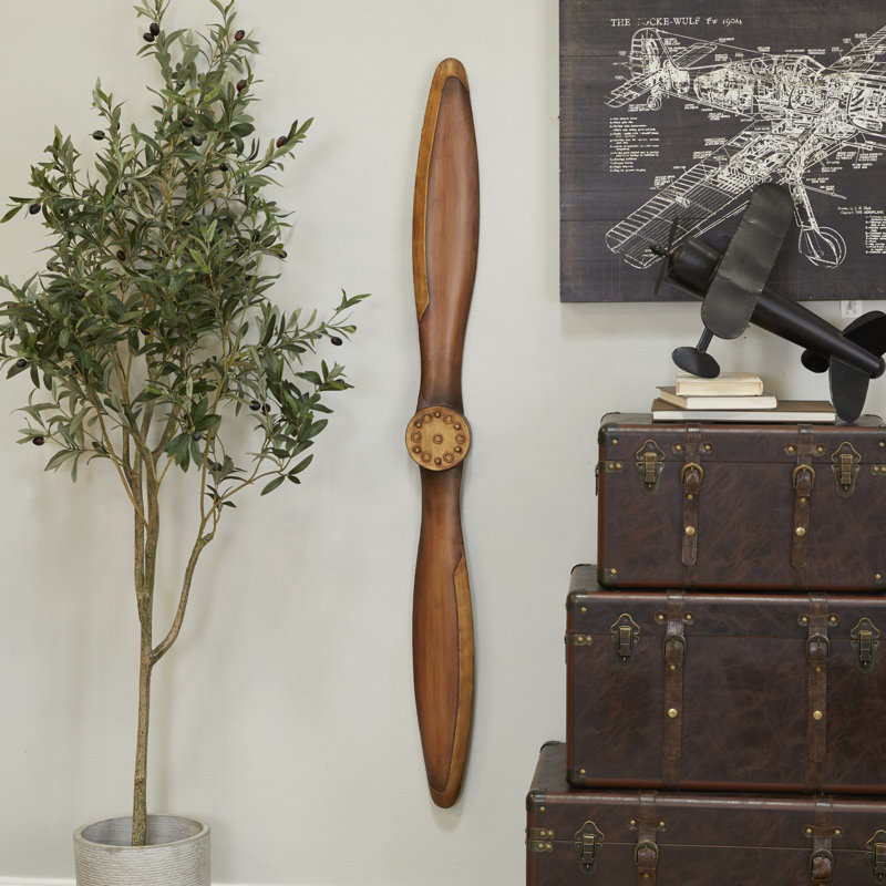 Dayina Metal Wood Inspired 2 Blade Airplane Propeller Brown Wall Decor with Aviation Detailing, Gold, 55"H