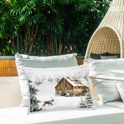Coussin d'extérieur Winter Whites Cabin with Deer