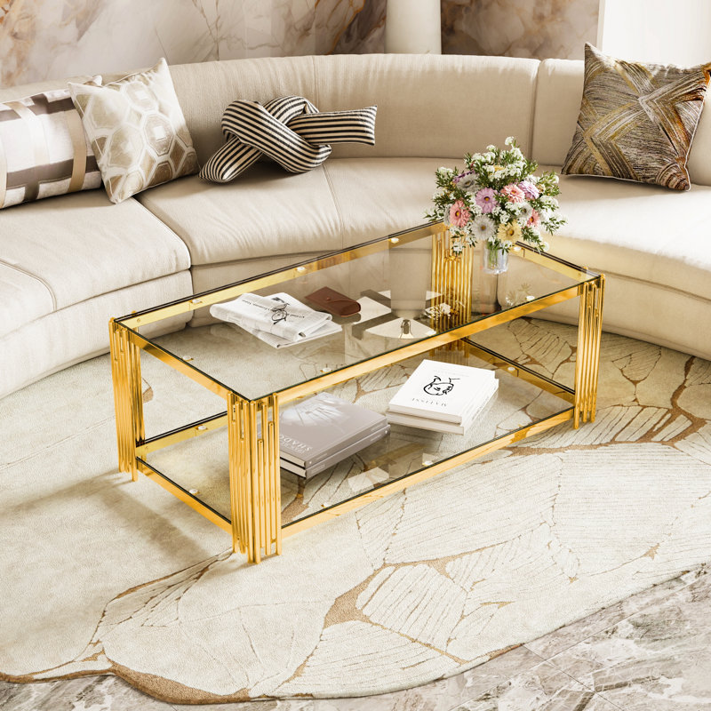 Table basse moderne en verre transparent, rectangulaire, métal asymétrique, finition dorée et tablette inférieure, 47,5 po