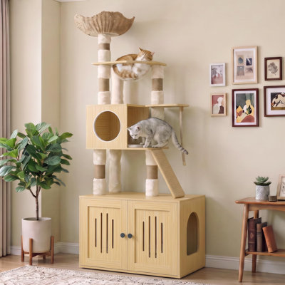 66.9" Cat Tree Tower Litter Box Enclosure & Food Station, Large Cat Condo Hammock & Washable Cushions, Oak