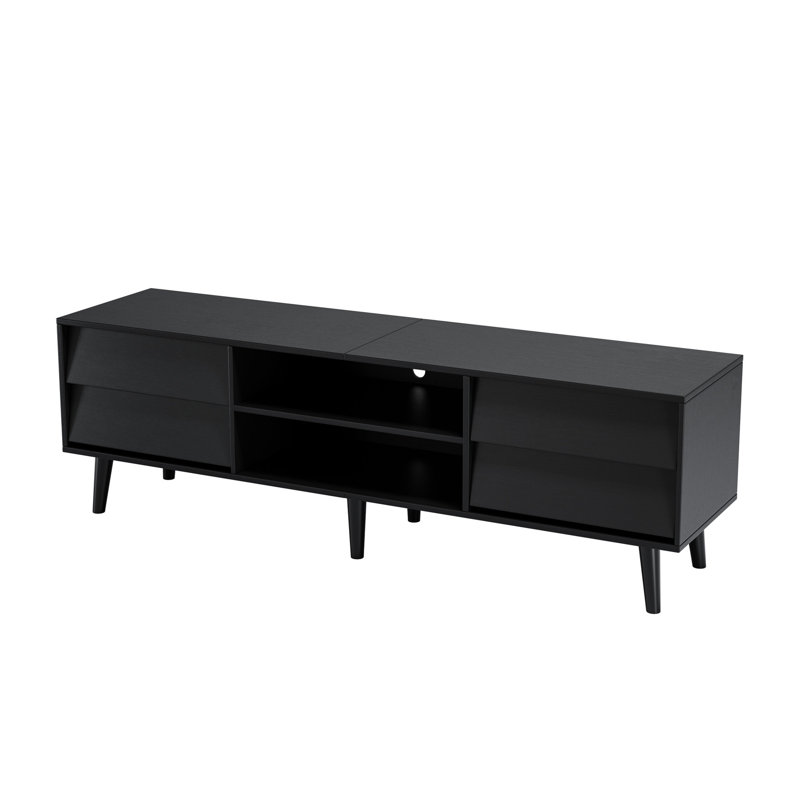 Meuble télé de 63 pouces avec un design biseauté et des tiroirs en noir, convenant à une table de décoration de chambre à coucher de style biseauté rétro. Vaste espace de rangement à usage quotidien. La construction est usée. Convient aux téléviseurs de 60 po