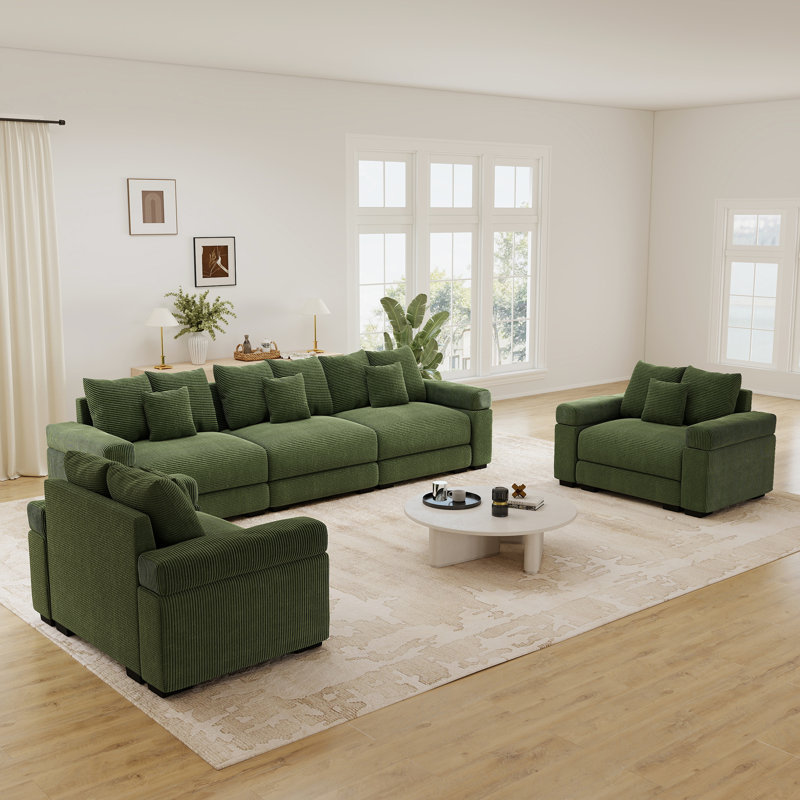 Canapé d'angle modulaire Cloud surdimensionné, 3 places de 330 cm + deux fauteuils individuels de 138 cm, larges accoudoirs robustes, velours côtelé texturé rayé, assise profonde, design ergonomique, grand espace de vie, vert