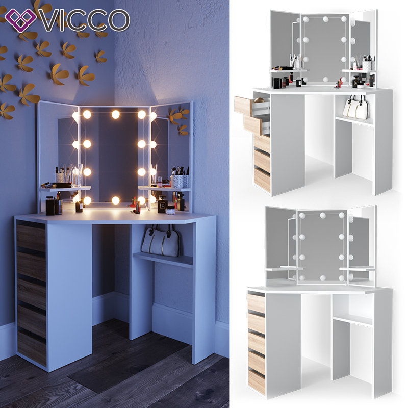 Alvord Dressing Table with Mirror, White/Brown