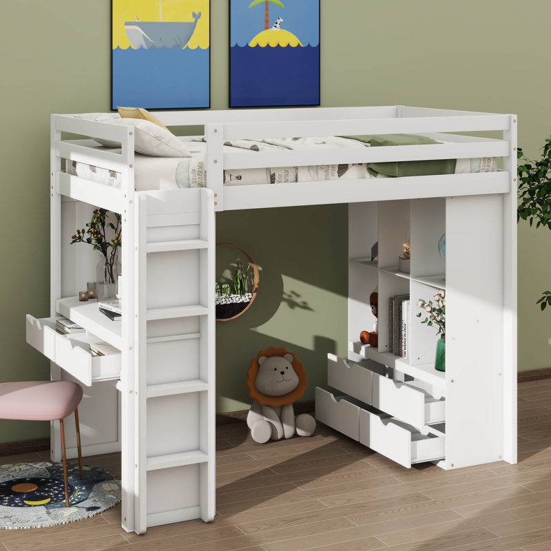 Lit mezzanine avec grandes tablettes Jonavan, Simple, Blanc