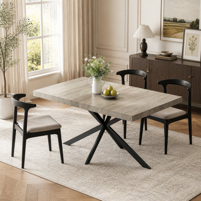 Table de salle à manger rectangulaire de 55,11 po à 70,86 po, plateau Carole gris avec plaque centrale embossée noire, table de salle à manger en fer fin noir avec base en fer fin et boîte de rangement.