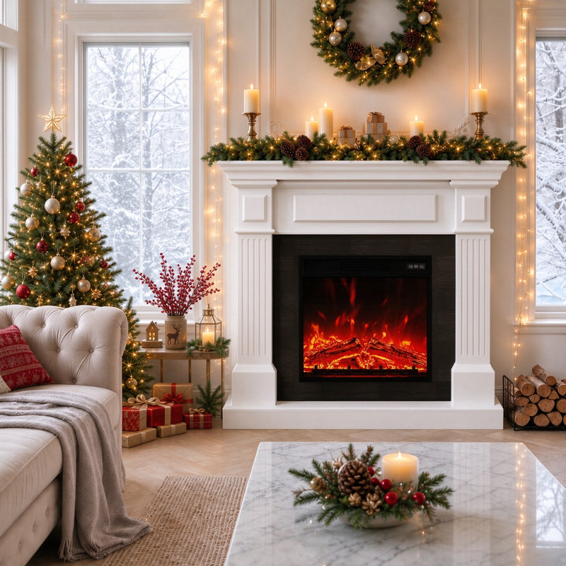 Canora Grey White Electric Fireplace with BTU 5100, 55in Mantel + 23in Insert