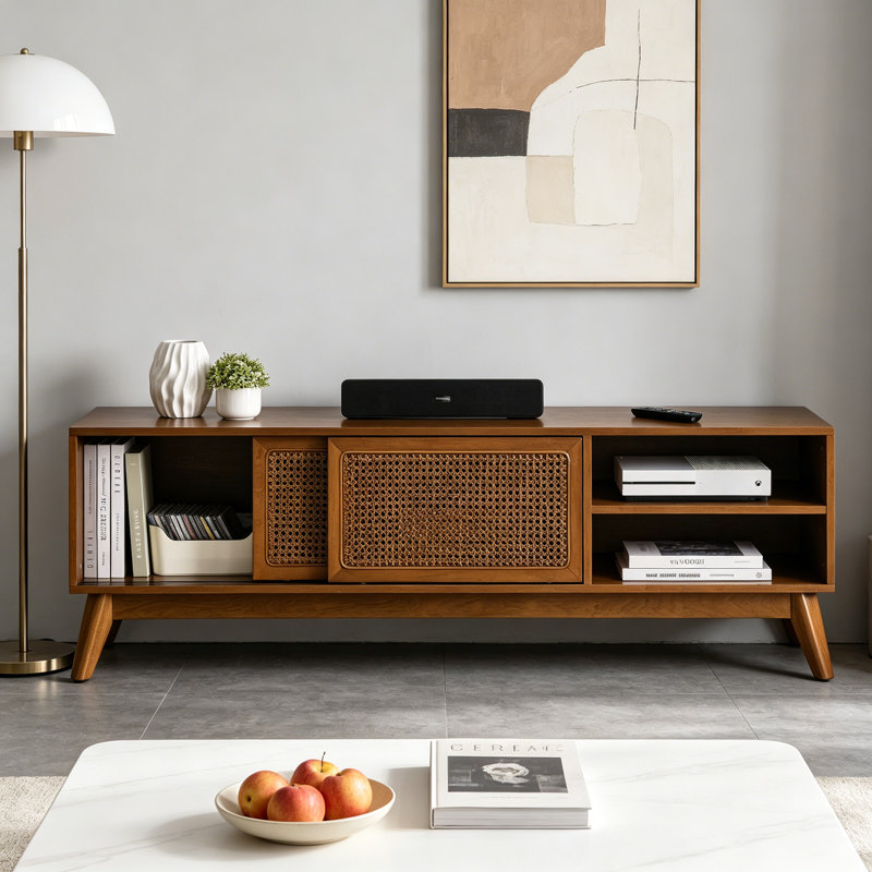 Mid Century Modern Rattan TV Stand For 65 Inch TV, 59 Inch Entertainment Cabinet Media Console, Solid Wood Feet, Rattan Cabinet Doors, Light Wood Finish | Gift Idea
