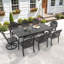 Ensemble de salle à manger d'extérieur rectangulaire 8 personnes (210 cm L) avec trou pour parasol, 2 chaises pivotantes + 6 chaises empilables, coussins rouges