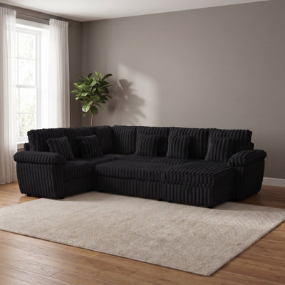 103.02" U-Shaped Plush Corduroy Fluffy Sectional Sleeper Sofa with Pull Out Bed, Storage Chaise Lounge and USB Charging Port for Living Room