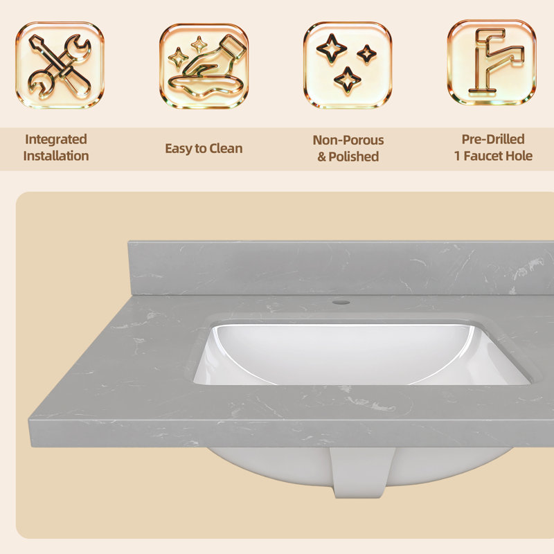 48"W x 22"D Engineered Stone Vanity Top Single Integrated Sink with 4" Backsplash in Gray Marble