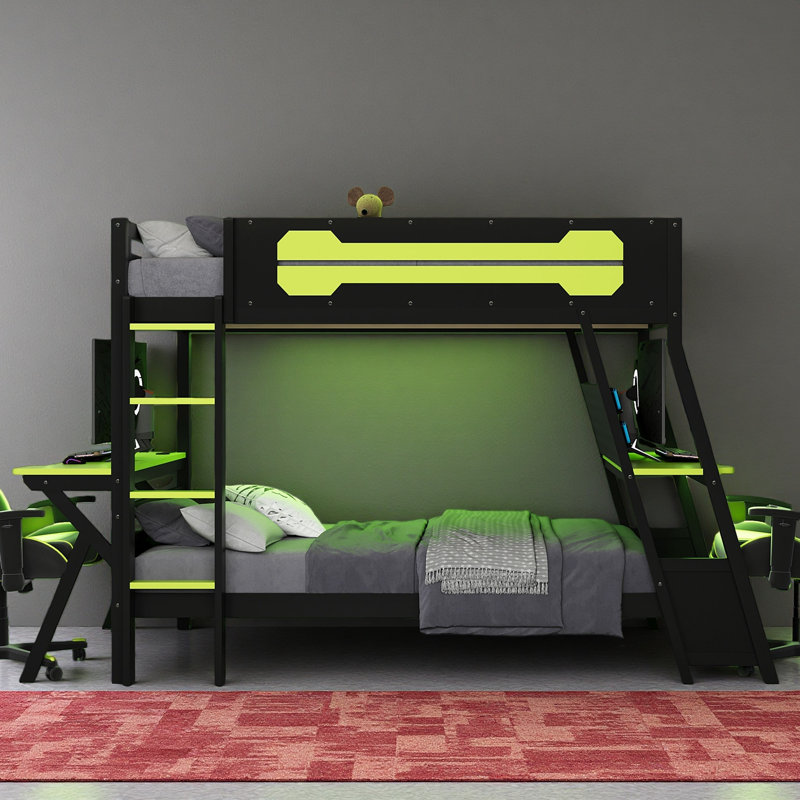 Bunk Bed With Two Built-In Gaming Desks, USB Desktop Ports & Pegboard Organizer, Gaming Bunk Frame For Gamer, Twin Over Twin