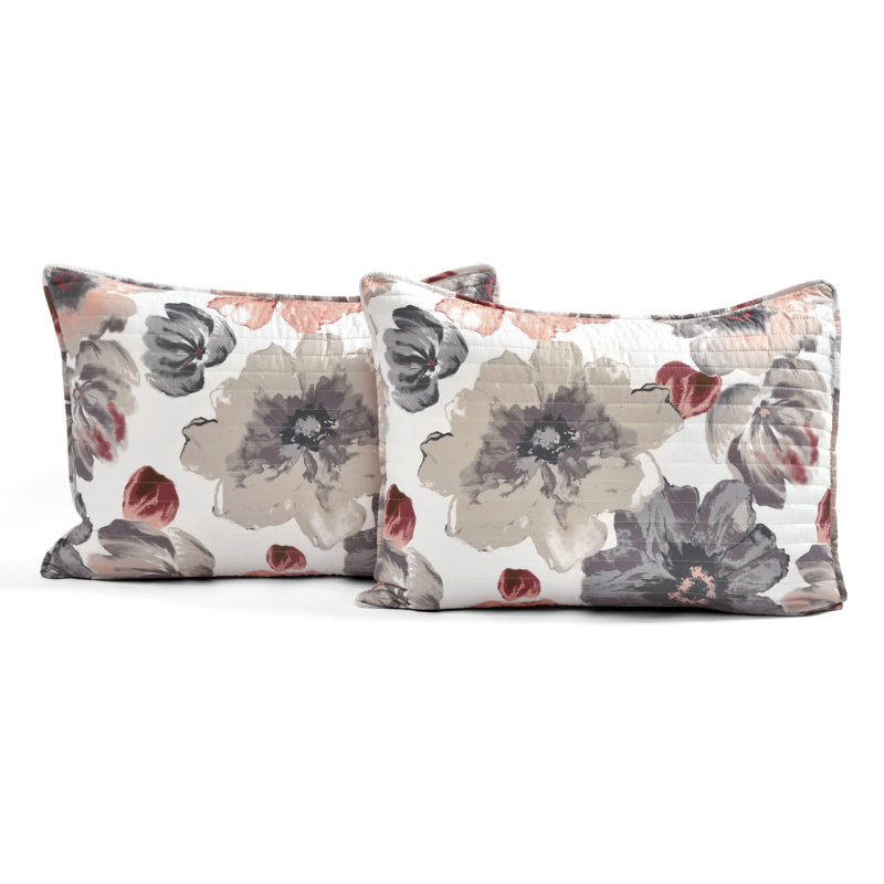 Coral and Gray Reversible Floral Full Microfiber Quilt Set