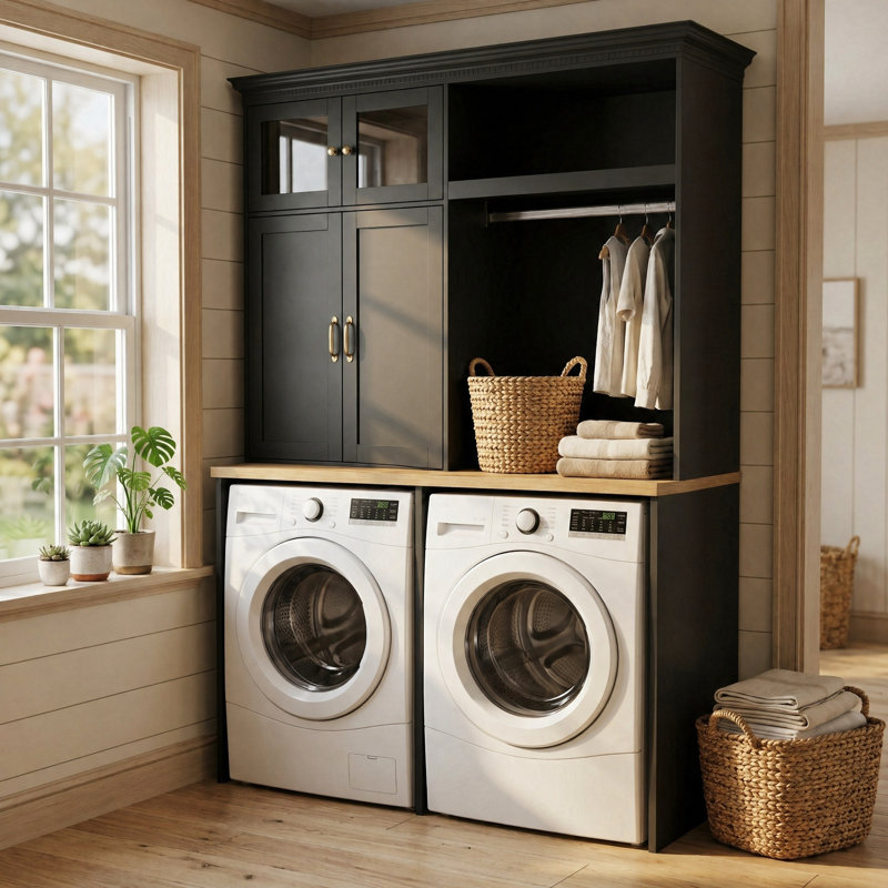 Armoire de rangement pour buanderie avec tringle suspendue et organisateur sur laveuse, Black