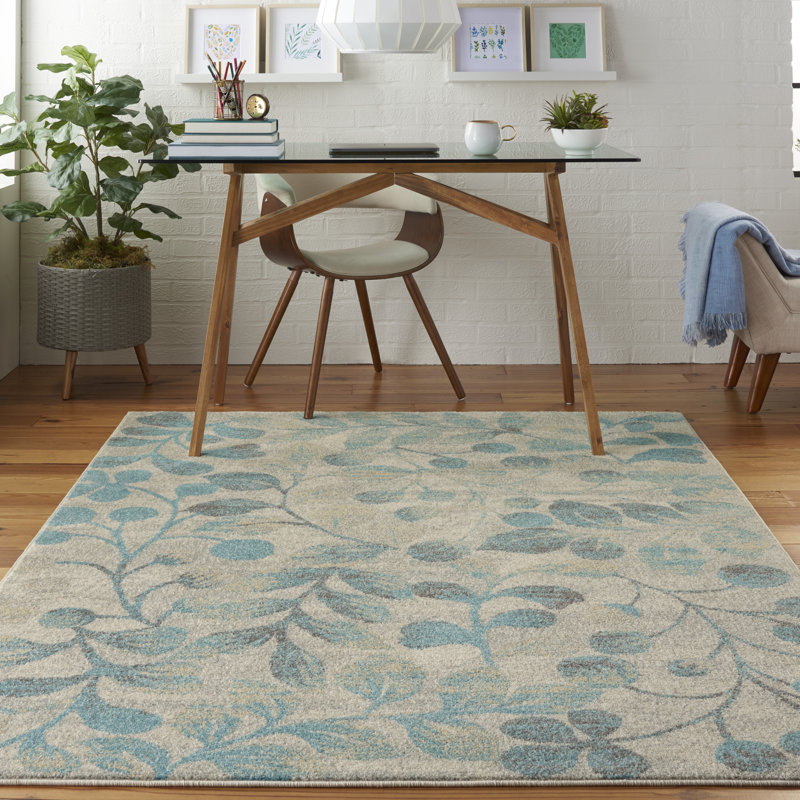 Tapis en polypropylène tissé à la machine en bleu / vert Yahara, Rectangle 4 pi x 6 pi