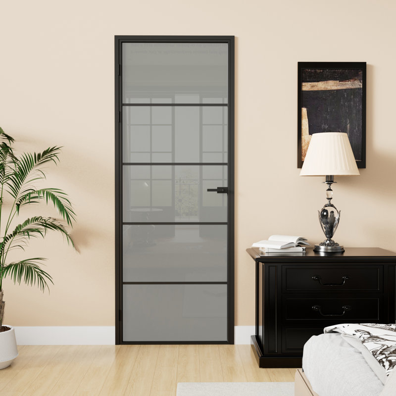 Panneau de porte intérieur en verre givré Aluminun 5-Lite avec cadre et bouton Aluminun, Gauche, H 80 po x l 30 po