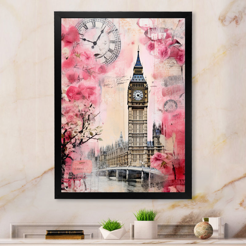 Rose rétro Big London I, H 32 po x l 16 po x P 1 po, Cadre simple noir