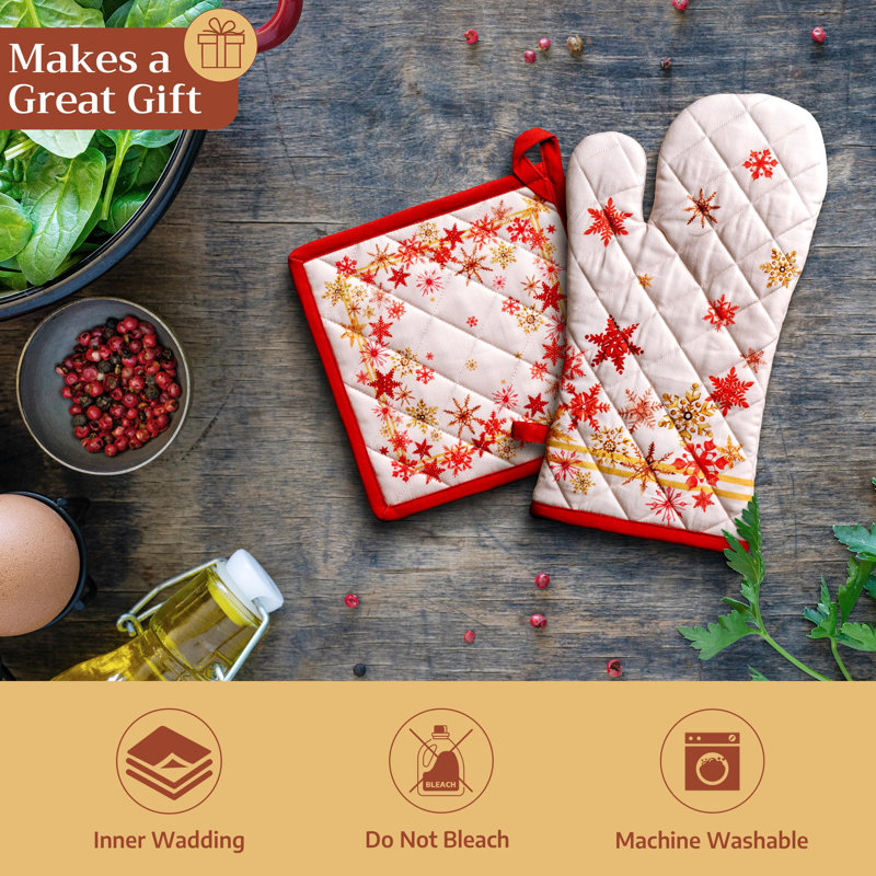 Maison d' Hermine Oven Gloves 100% Cotton Oven Mitt 7" x 13" with Loop Heat Resistant BBQ Cooking Gloves for Thanksgiving Christmas Decorations Baking Handling Hot Pans (Pack of 1, Crystal Star)