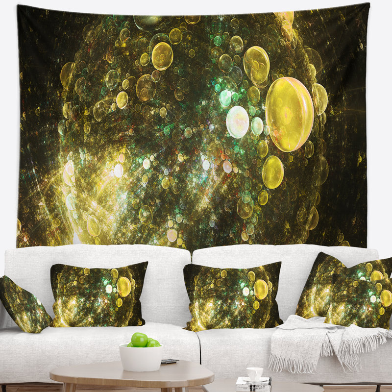 Tapisserie de planète à bulles sphérique jaune abstrait, H 32 po x l 39 po