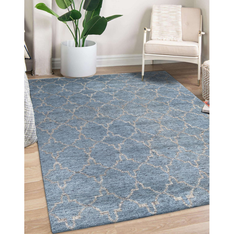 Blue Hand-Knotted Wool Lattice Diamond Geometric Modern Contemporary Carpet Rug, 9' x 12'