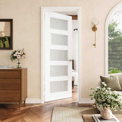 30" x 80" 5-Lite Frosted Glass Interior Prehung Door with Silver Hinges, Privacy Glass Door Slab with Frame, Interior Door as Pantry Door, Bedroom Door, Laundry Door, Closet Doors, Room Doors, Left Hand