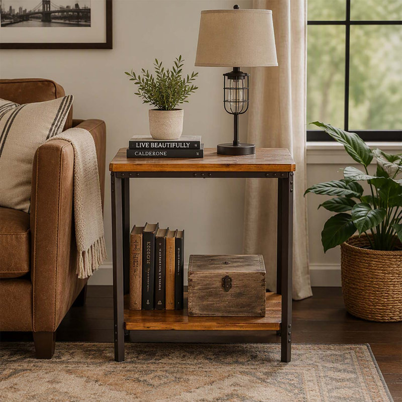Table d'appoint rustique urbaine avec pieds robustes en bois dur et en fer, dotée d'une tablette inférieure pour un rangement supplémentaire.