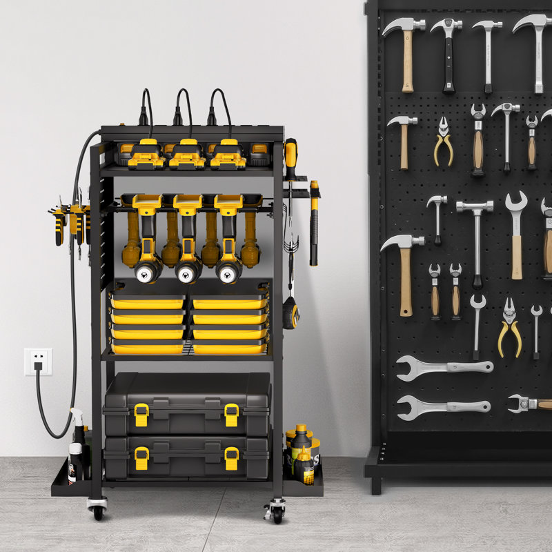 4-tier Tool Organizer Cart with Charging Station Garage Cart on Wheels