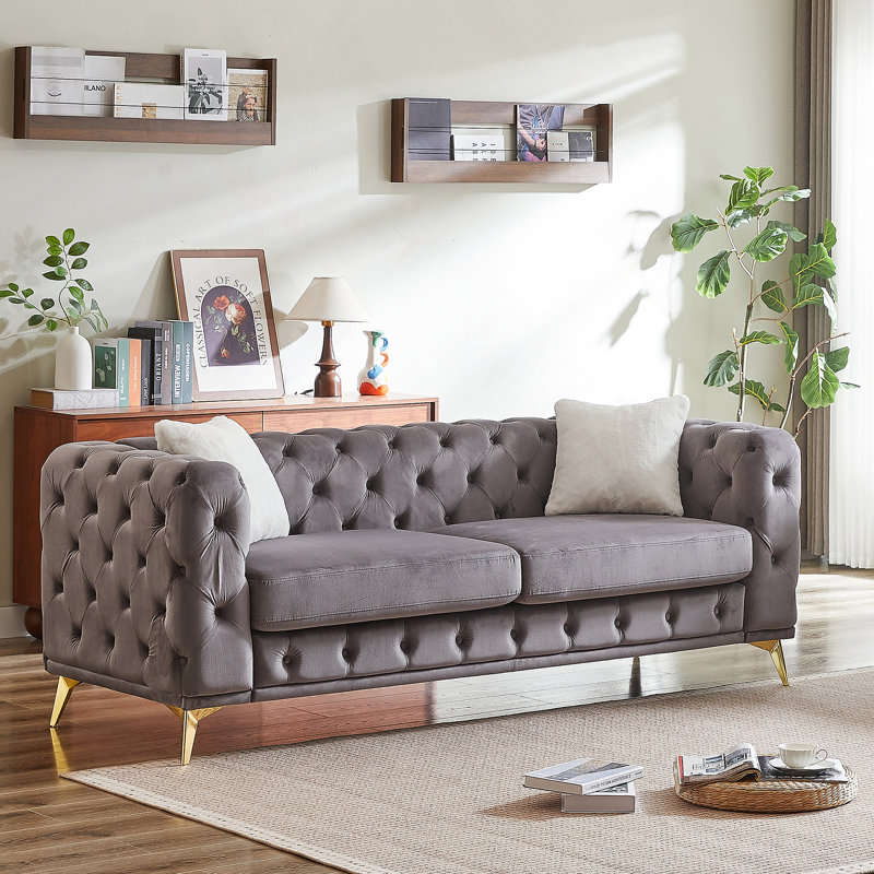 Canapé de luxe en velours touffeté de 82,5 pouces avec 2 coussins et pieds en métal