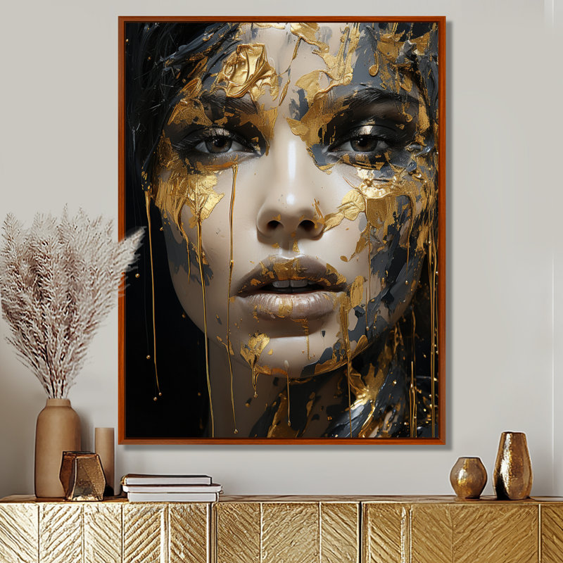 Portrait de femme glamour noir doré - art mural mode femme pour le salon, H 32 po x l 16 po x P 1 po, Cadre flottant brun