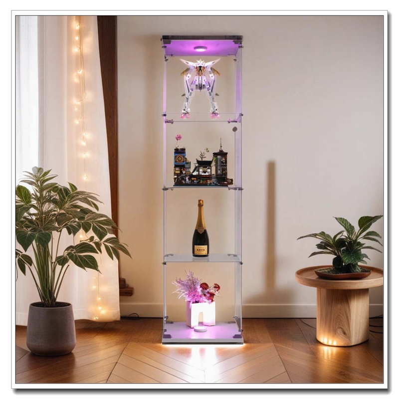 Vitrine lumineuse en verre à 4 tablettes avec une porte, Blanc