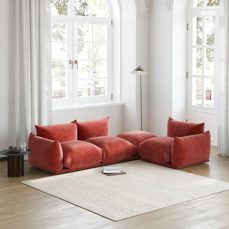 Cath 3-Seat Chenille Fabric Upholstered Sectional Sofa With Ottoman, 25.2" H x 103.9" W x 38.58" D, Red Chenille