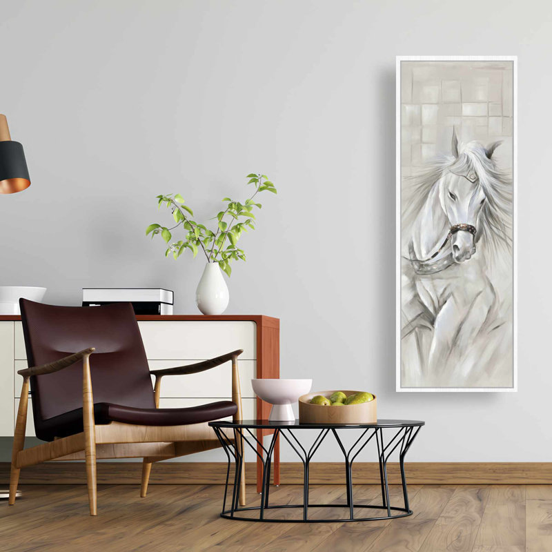 Toile cheval blanc | Art mural blanc encadré | Décoration intérieure, H 49,25 po x l 17,25 po