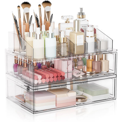 Clear Stackable Makeup Organizer with Drawer, 12''W Acrylic Storage Drawers | Cosmetic Display Case for Vanity Bathroom Countertop Drawers, Beauty Hol