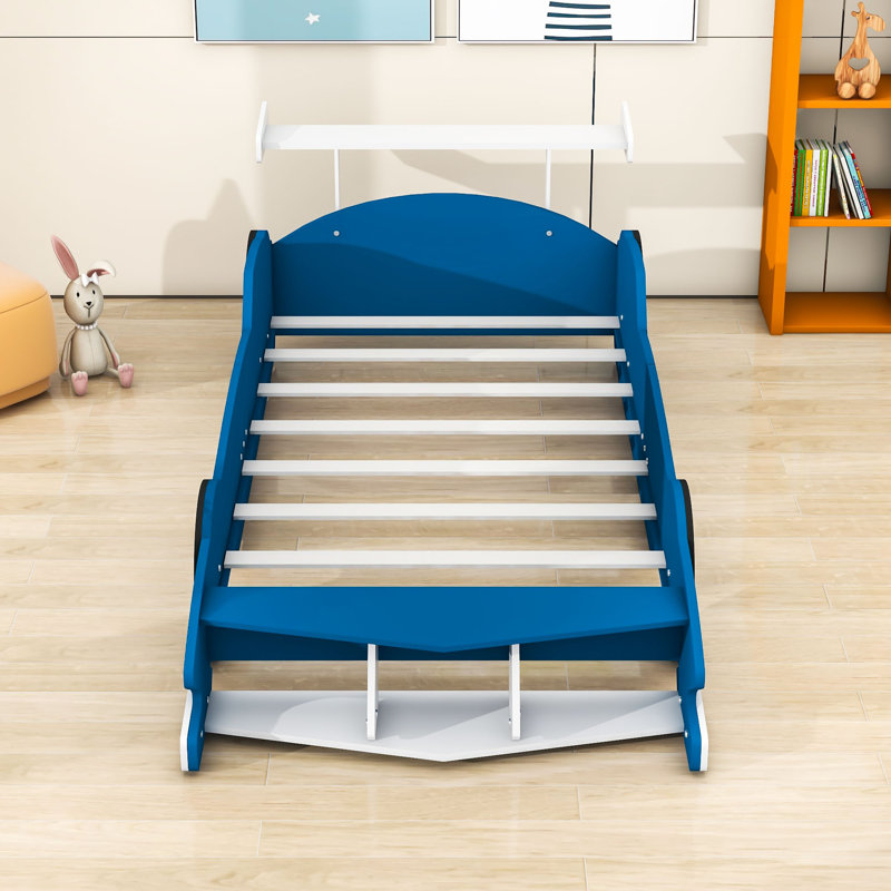 Platform Bed with Guardrails and Wheels, Race Car-Shaped Design, Blue, Twin