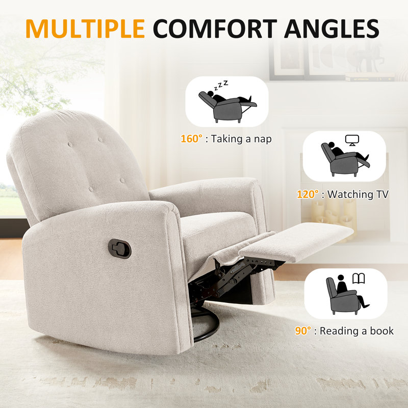 33.46’’ Nursery Rocking Chair, Upholstered Swivel Recliner, Camel