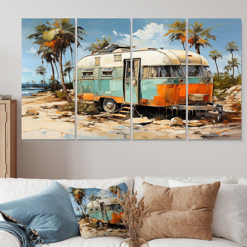 Pop Art Coastal Camping Van - Art mural de voyage 4 pièces pour le camping, H 32 po x l 64 po
