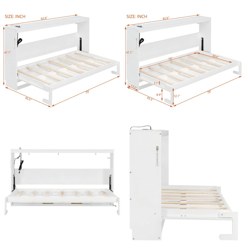 Modern Murphy Bed With LED Under-Bed Lighting, Built-In USB Outlet, Lit simple, White