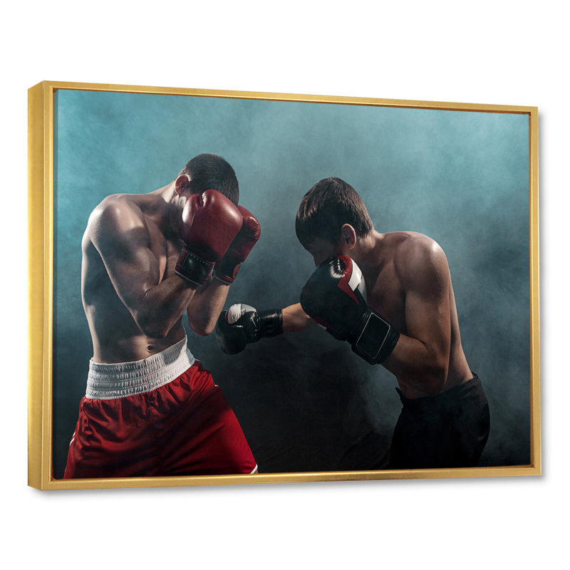 Deux boxeurs professionnels sur toile, H 24 po x l 32 po x P 1 po, Cadre flottant doré