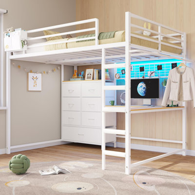Full Loft Bed With L-Shaped Desk And 7 Storage Drawers,Metal Full Size Loft Bed For Led Lights And Charging Station,13.11" H Safety Guardrail And Ladder,No Box Spring Needed, White