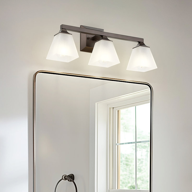 Luminaire pour meuble-lavabo de ferme à 3 lumières à intensité variable, verre carré blanc givré, finition bronze huilé