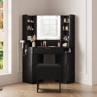 Bureau de coin avec miroir et lumières, plusieurs espaces de rangement, plateau en verre, station de charge, éclairage à DEL à intensité variable, commande tactile, tiroirs spacieux, casier ouvert, pour chambre à coucher, noir
