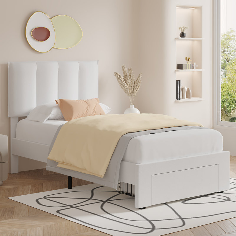 Structure de lit simple avec tiroir de rangement Cahlin, Blanc, Simple