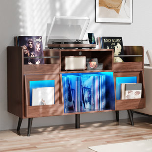 Record Player Stand With Power Outlet And LED Light, Turntable Stand Shelf, Record Storage Cabinet Up To 500 Albums