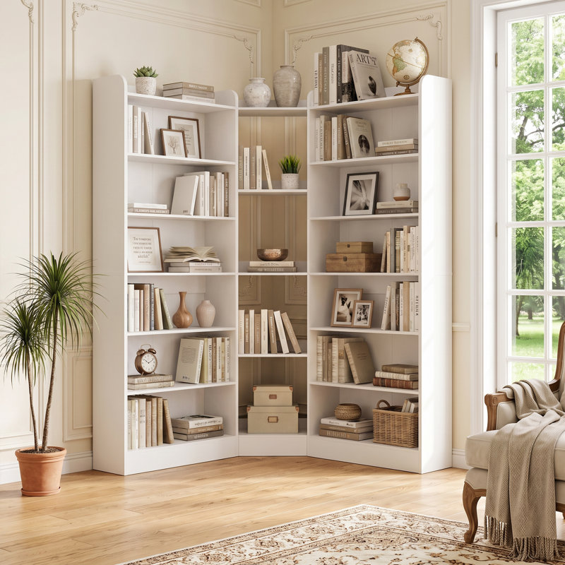 Bibliothèque en L en forme de L, étagère de rangement ouverte sur pied à 7 niveaux, White