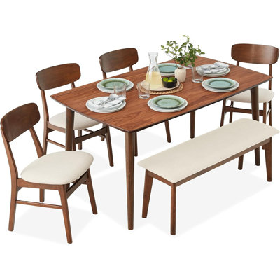 6-Piece Wooden Dining Set, Mid-Century Modern Table & Upholstered Chair Set W/Bench Seat, Rubberwood Legs - Walnut