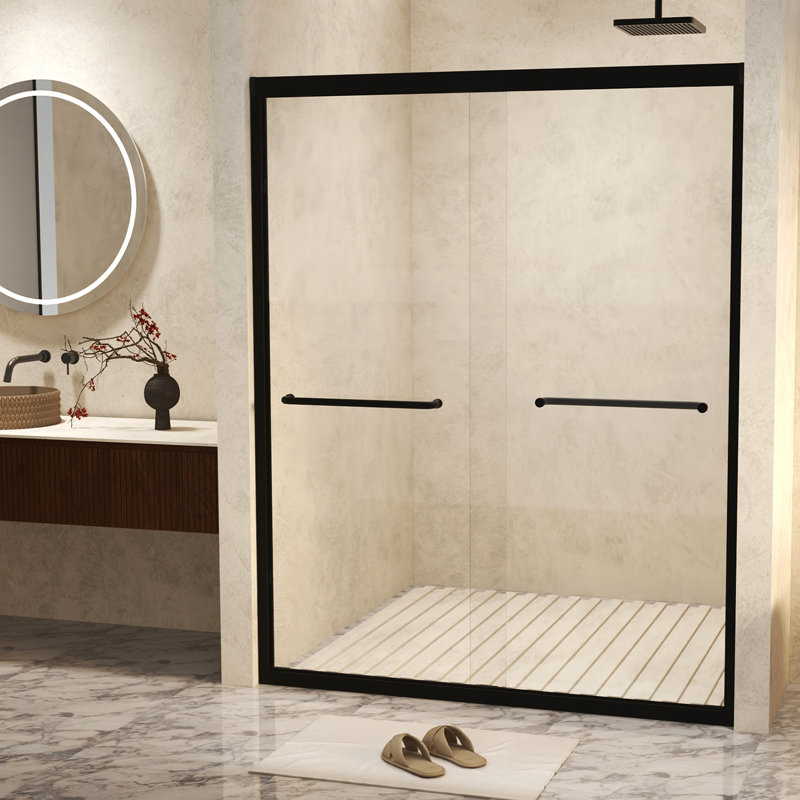 56-60 " X 72" Tempered Glass With Explosion Proof Film, Aluminum Frame Double Sliding Shower Door, "1/4 (6 Mm), Stainless Steel Handle
