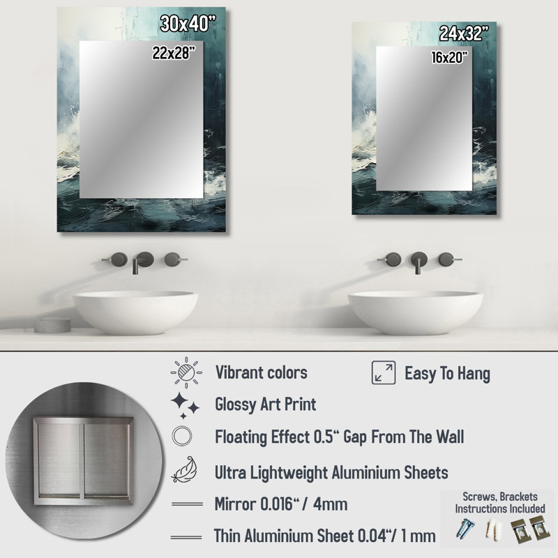 Minimalism Black And White Paint Wave IV - Coastal Wall Mirror, Blue Decorative Mirror, Printed Metal Art, 40" x 30"