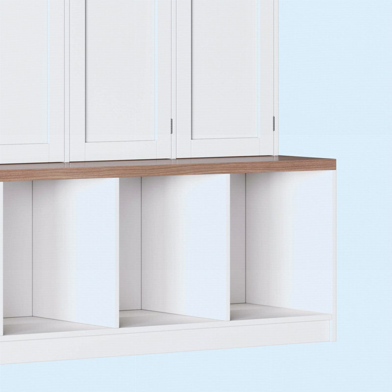 Farmhouse Hall Tree With 4 Hidden Hanging Hooks, Versatile Walnut Seating Bench With 8 Doors, Entryway Shoe Cabinet With Open Compartment