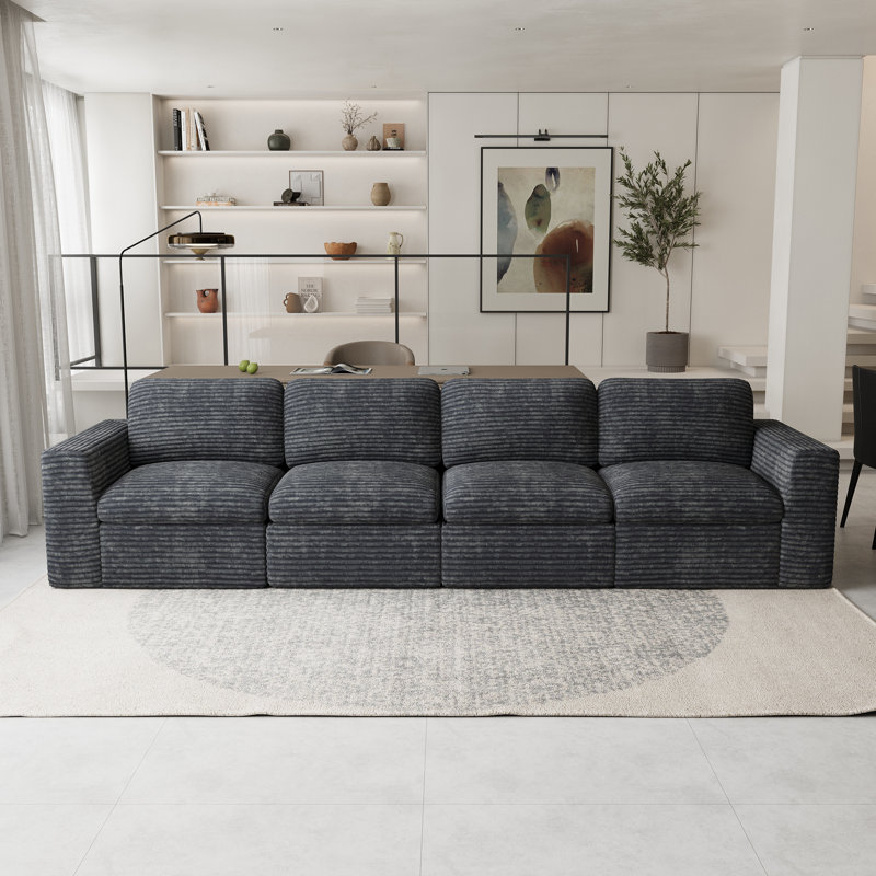 Wide Corduroy Sponge Compression Sofa Modular 4-Seater Cloud Boneless Sofa With No Assembly Required, Gray